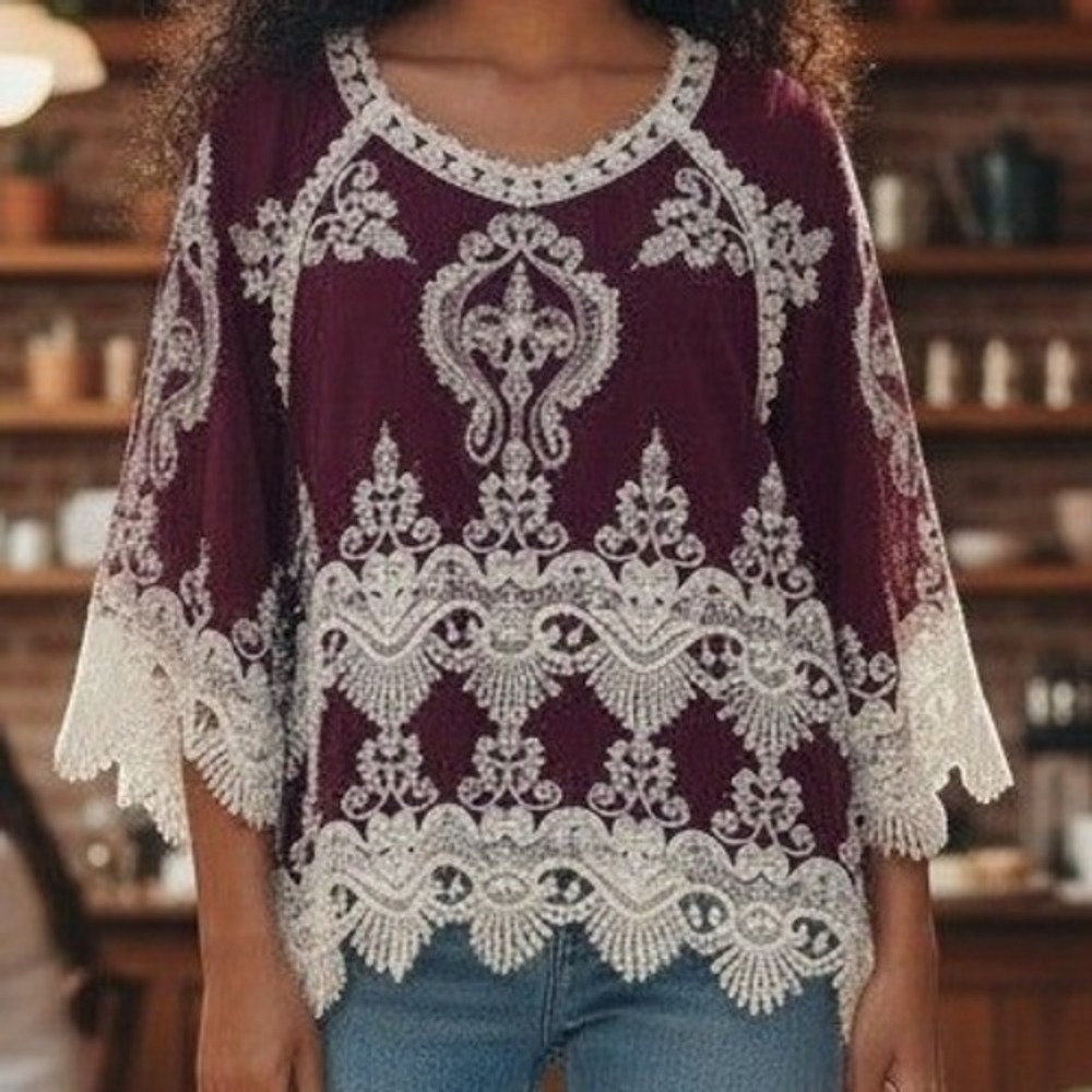 Leo & Nicole Womens Burgundy Boho Lace Embroidered Rayon Blouse Top Medium